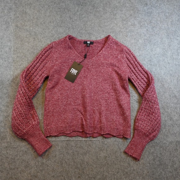 Frye Sweaters - Frye Sweater Women Extra Small NWT Pink VNeck Cable Knit Balloon Sleeve Scallop